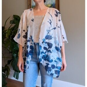 Sheer Kimono Open Front Cardigan L Blue Lightweight Abstract Artistic Watercolor